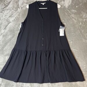 Nine West Womens XL Black Button Front Ruffle Hem Dress V neck NWT